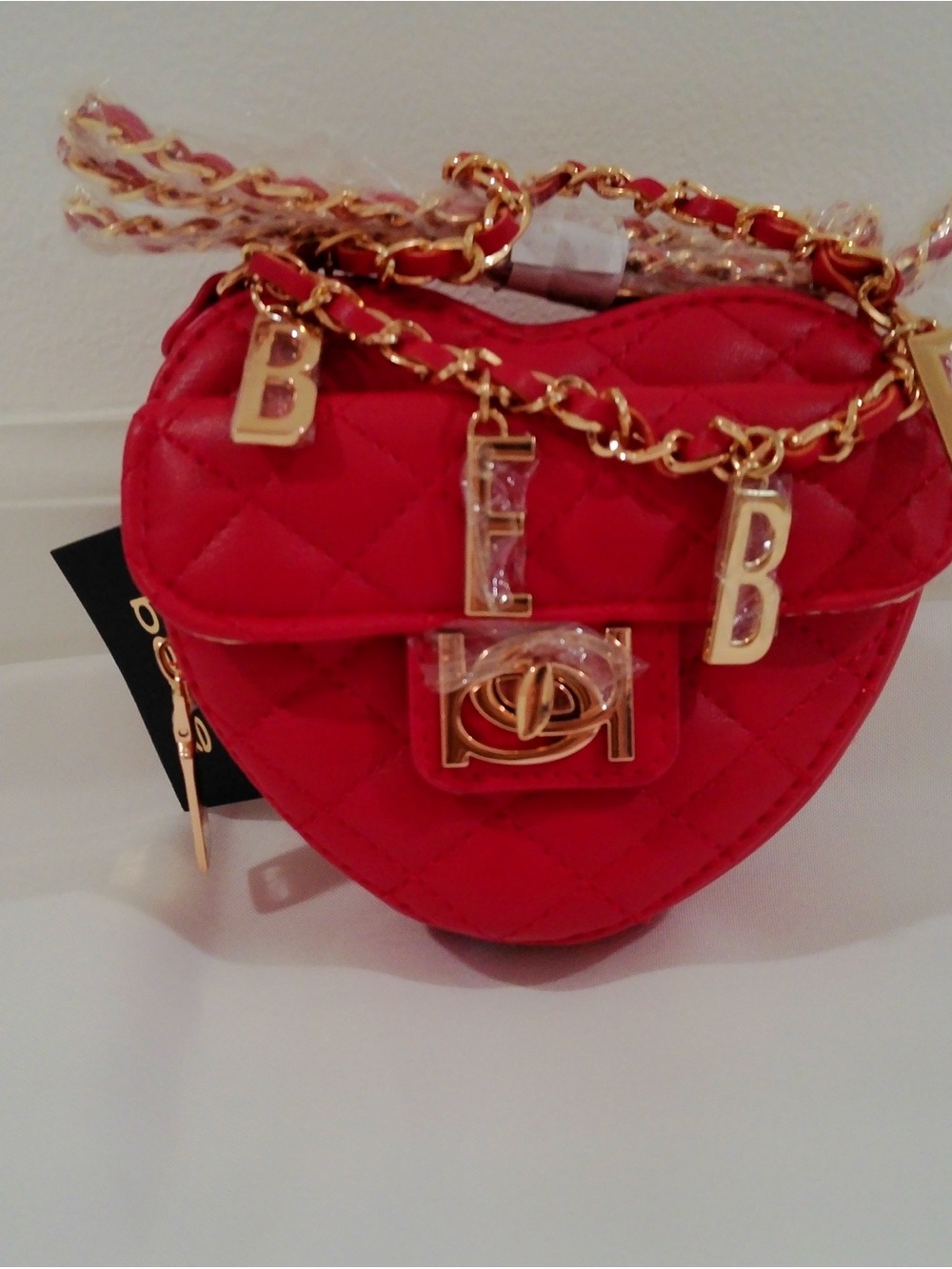Red BEBE Quilted Heart Crossbody Bag with Gold Chain